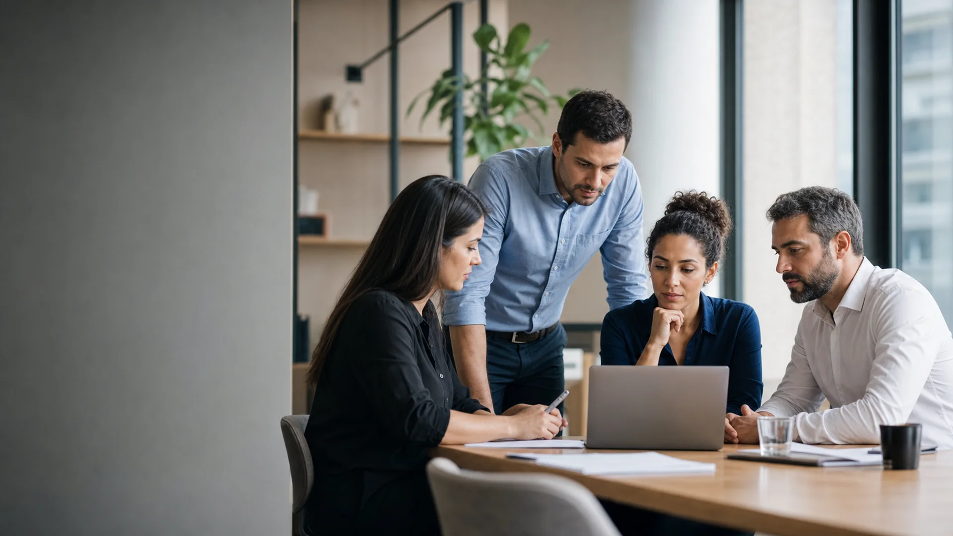 Equipe reunida em uma conversa de trabalho enquanto analisa informações em um notebook.