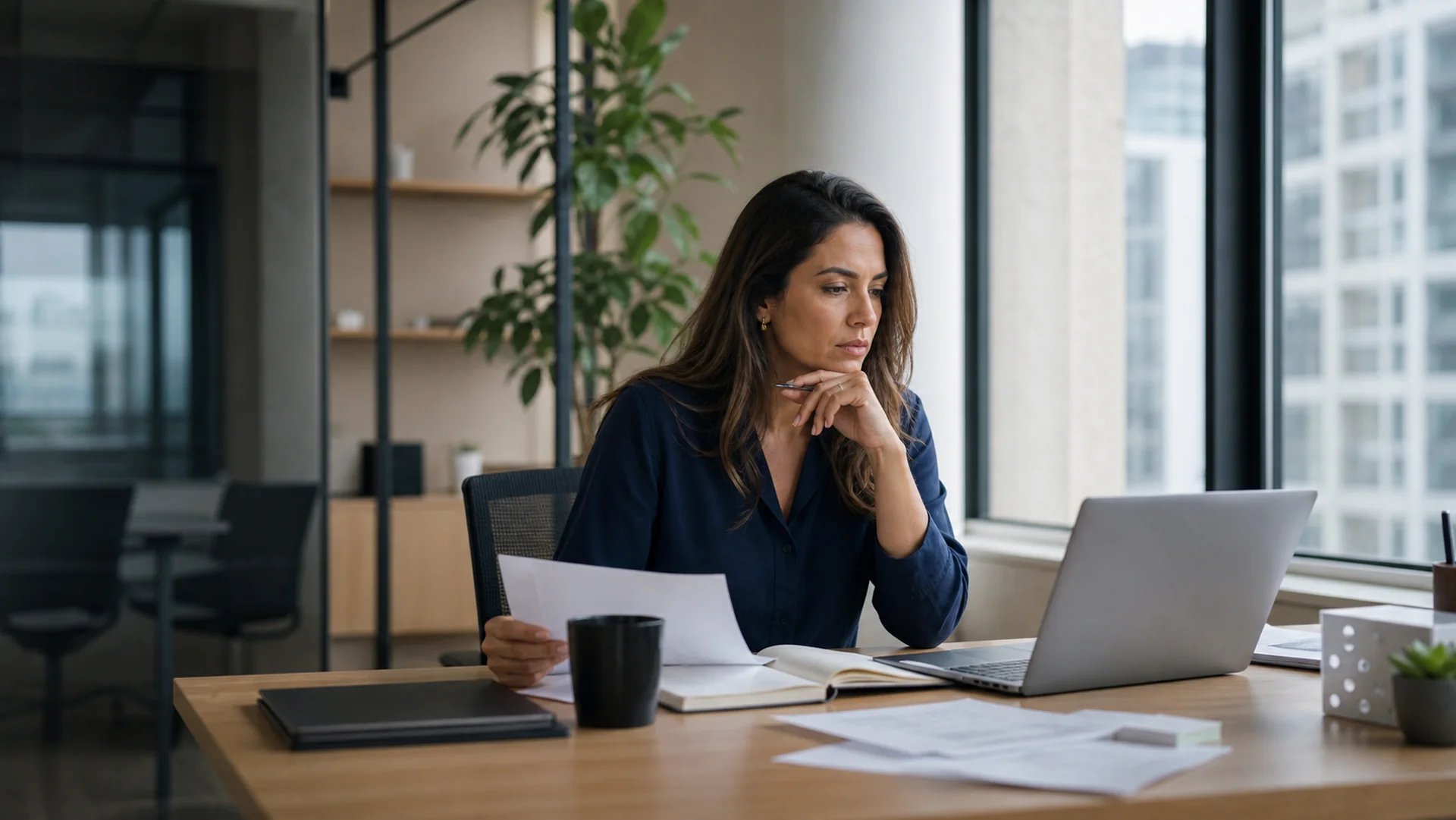 Gestora concentrada diante de um notebook enquanto avalia uma decisão de trabalho.