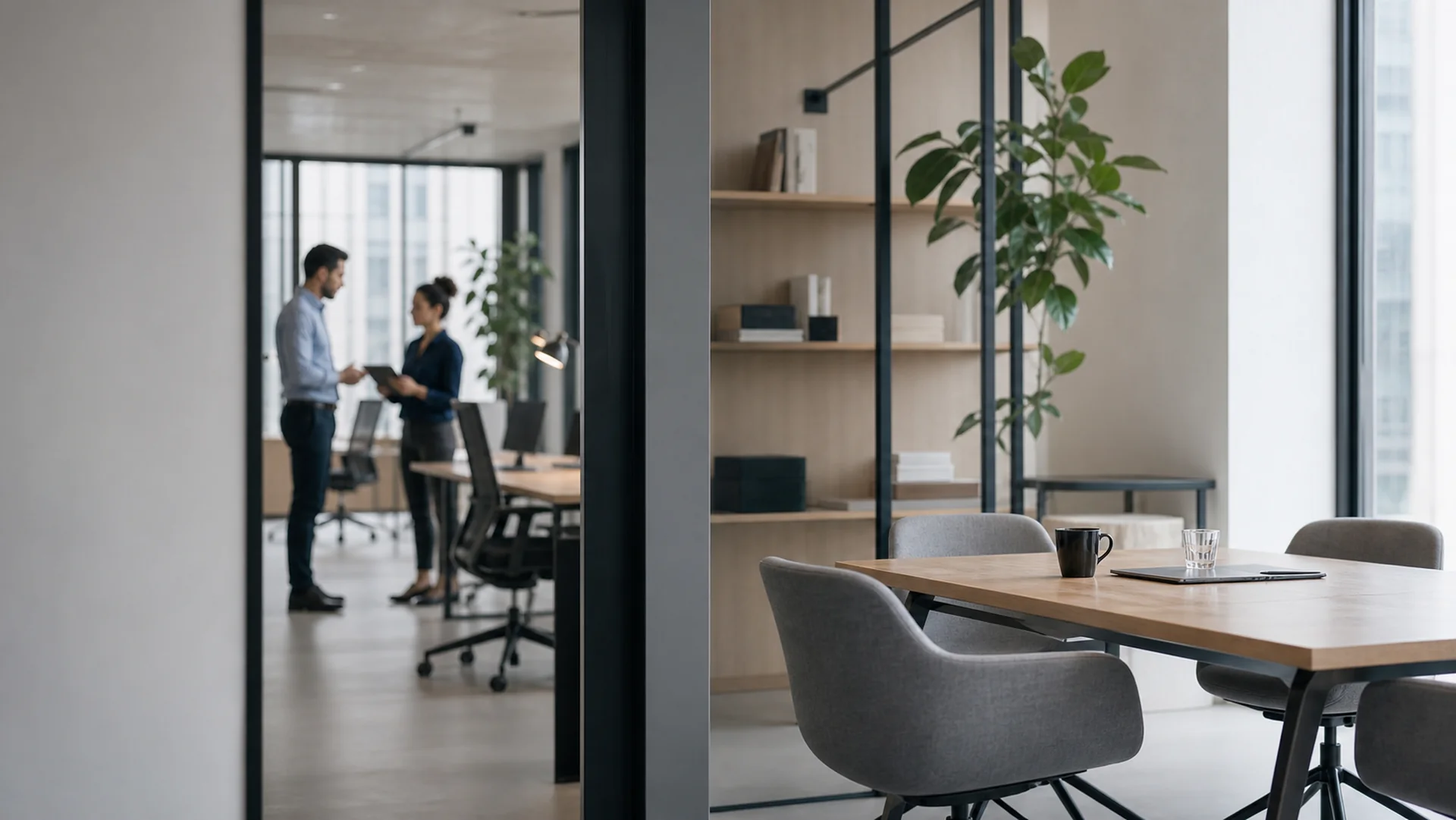 Ambiente corporativo contemporâneo com uma pequena reunião ao fundo.